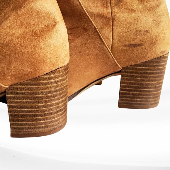 Report Tariq Tall Shaft Faux Suede Bootie Tan Block Heel Slip On/Pull Tab Size 9 - Picture 12 of 16